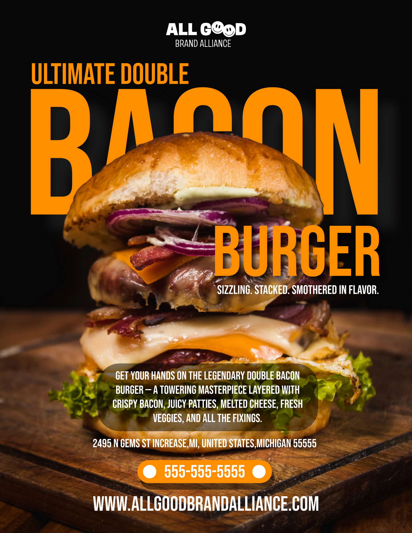 Ultimate Double Bacon Burger Flyer – 8.5 x 11 Printable Food Ad Design