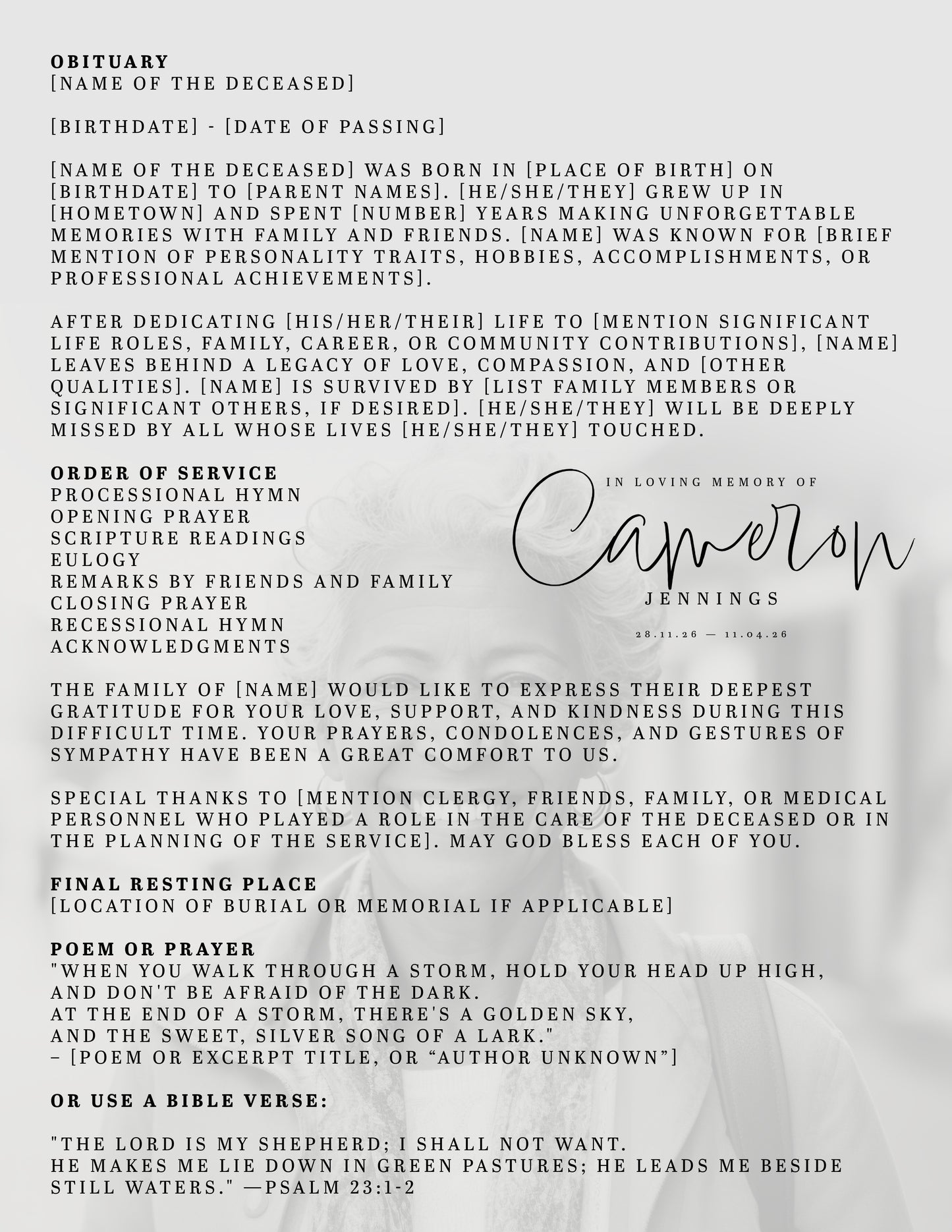 Editable Funeral Program Template (8.5” x 11”) – Adobe Express | Faith-Based Celebration of Life Brochure | Instant Download