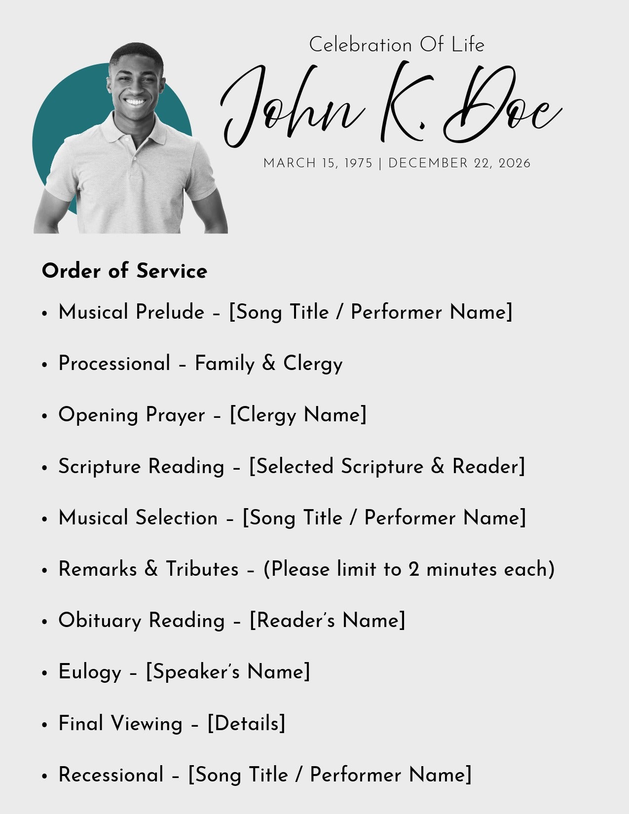 Elegant 4-Page Funeral Program Template – Editable, Printable, Shareable & Translatable (AA)