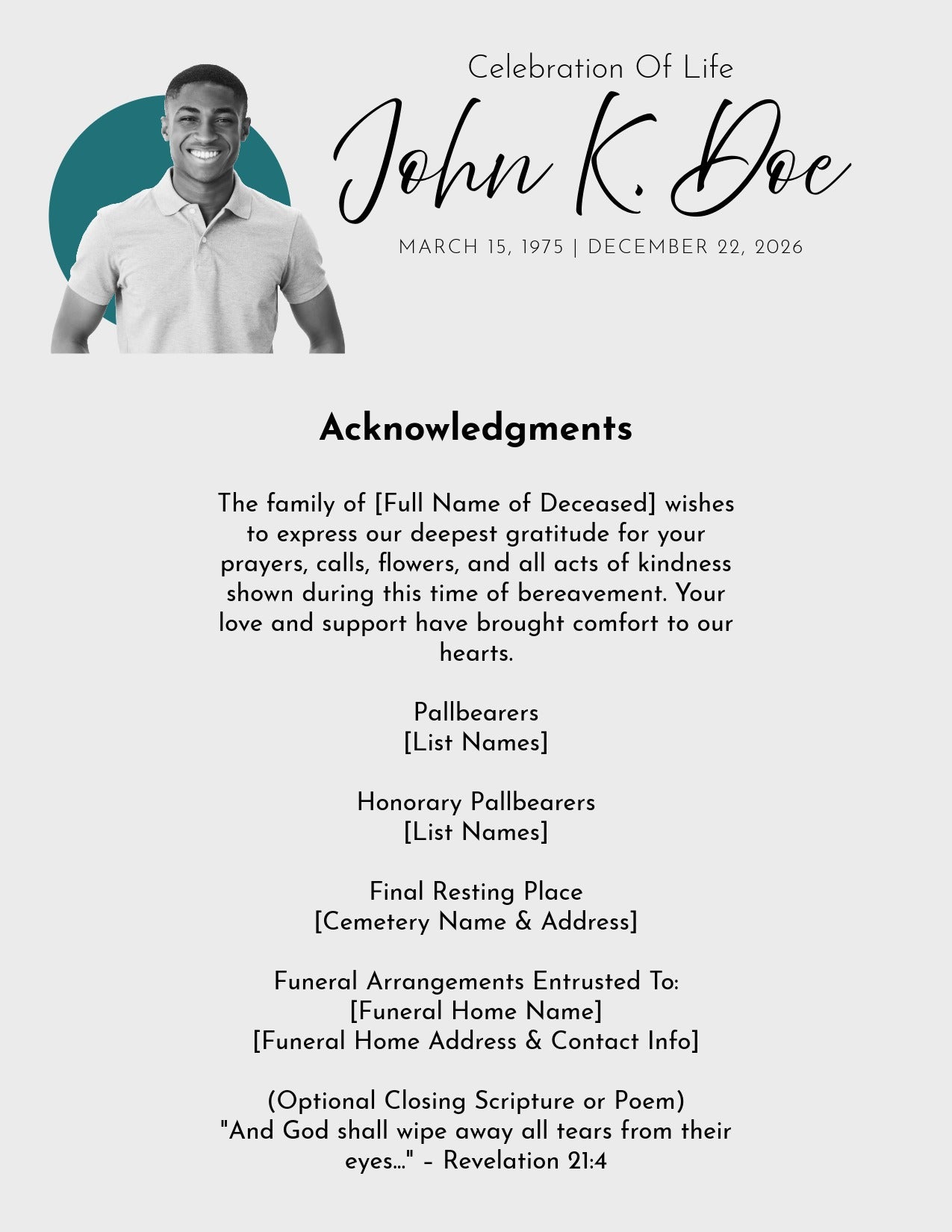 Elegant 4-Page Funeral Program Template – Editable, Printable, Shareable & Translatable (AA)