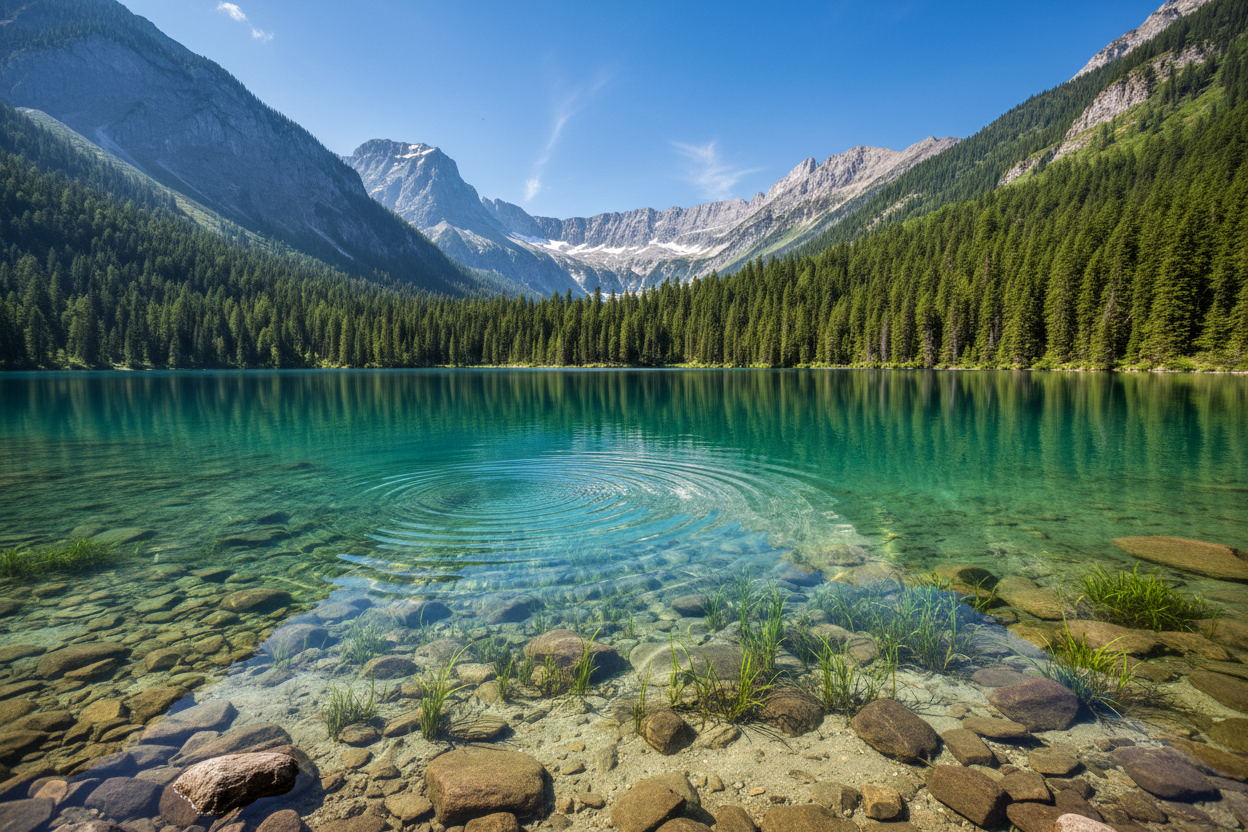 A beautiful crystal clear lake that you can see the bottom.