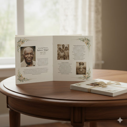 Professional Memorial Package – 150 Programs + Prayer Cards + Guestbook + Collage Board
